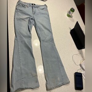 True religion mid rise pink and denim flare jeans